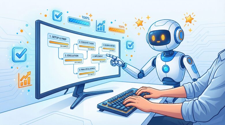 AIロボットと人間が協力し、モニターに表示されたステップバイステップのワークフロー図を見ながら作業しているイラスト。実践的なチュートリアルと達成感を表現。