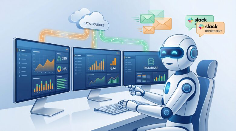 AIロボットがモニターの前でデータを分析し、複数のデータソース（CRM、GA4、データベース）から自動的にレポートを生成している様子を表現したイラスト。自動化と効率化を象徴。