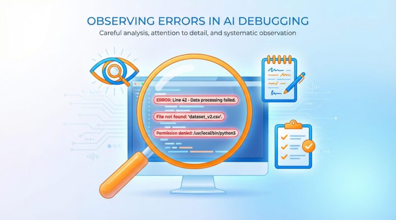 （エラー観察のイメージ画像）
虫眼鏡でコンピュータ画面のエラーメッセージを注意深く観察している様子を表現しています。画面には「ERROR」「File not found」「Permission denied」などの典型的なエラーメッセージが表示されており、周囲には目のアイコン、メモ帳、チェックリストなどの「観察」を象徴するアイコンが配置されています。