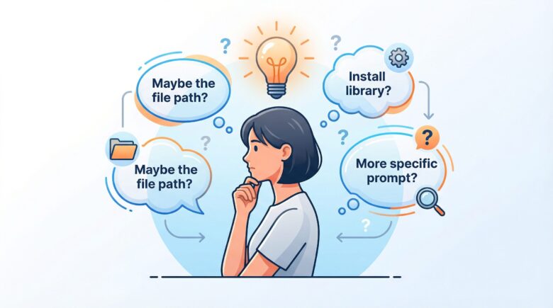 （仮説立案のイメージ画像）
考えている人物の頭上に電球（アイデア）が光り、周囲に「Maybe the file path?（ファイルパスかも？）」「Install library?（ライブラリをインストール？）」「More specific prompt?（もっと具体的なプロンプト？）」といった思考の吹き出しが浮かんでいる様子を表現しています。