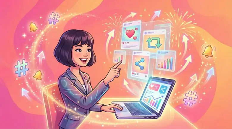 SNSの投稿画面とグラフが表示されたモニターの前で、AIアシスタントのサトミが笑顔でトレンド分析をしている様子を表現したイラスト。バズる投稿の作成と戦略的なSNS運用を象徴。