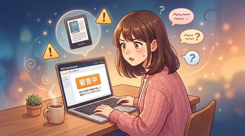 パソコンの前で驚いた表情のサトミが、Kindle書籍の修正作業をしている様子。画面にはKDPの管理画面と「再審査中」のステータスが表示され、緊迫感と安心感が共存するイラスト。