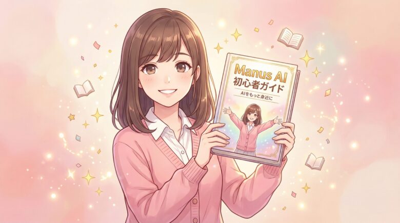 サトミのキャラクターが書籍『Manus AI初心者ガイド』の表紙を持って笑顔で紹介している様子。背景には本のアイコンや星、キラキラしたエフェクトがあり、出版の喜びを表現。