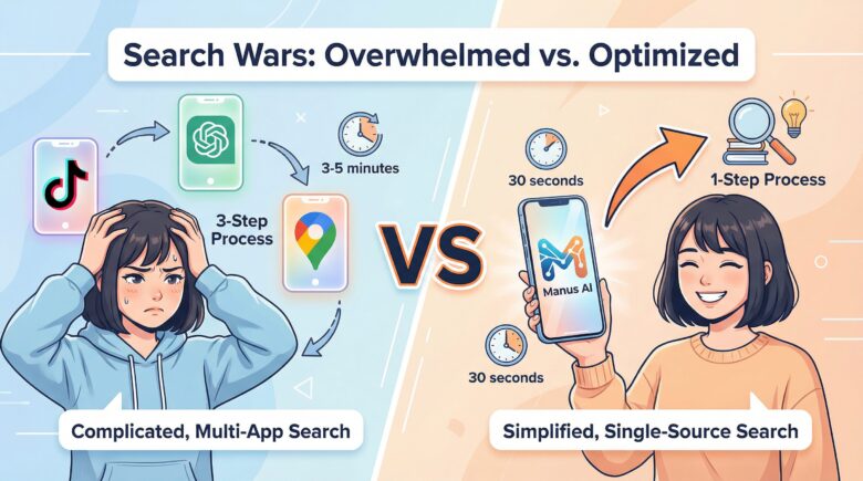 TikTok、ChatGPT、GoogleMapの3つのアプリアイコンが並び、それを見て困った表情のサトミが描かれている。一方、Manusのアイコンを持つサトミは笑顔で、3ステップ検索が1ステップに簡略化されることを示すイラスト。