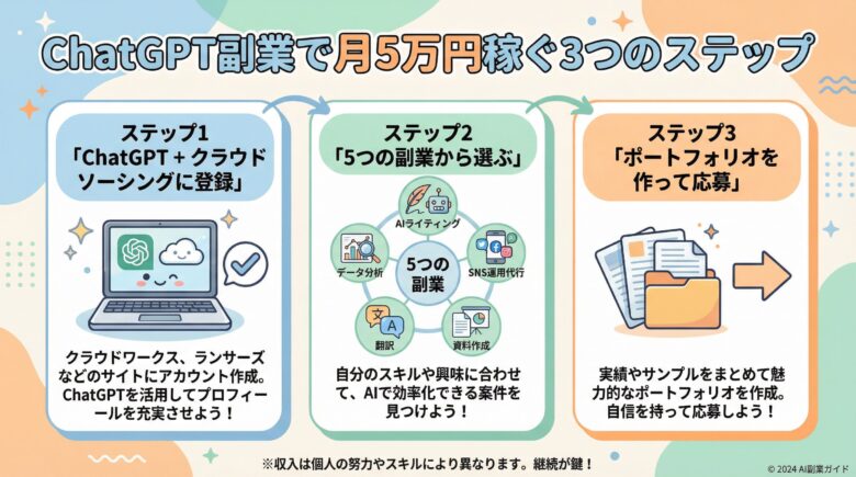 ChatGPT副業で月５万円稼ぐ３ステップを解説した画像