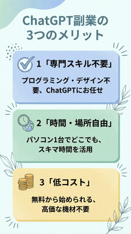 ChatGPT副業３つのメリットをわかりやすく分けて説明した画像