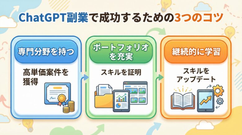 ChatGPT副業で成功するための３つのコツを順番にブロック分けして分かりやすく説明した画像