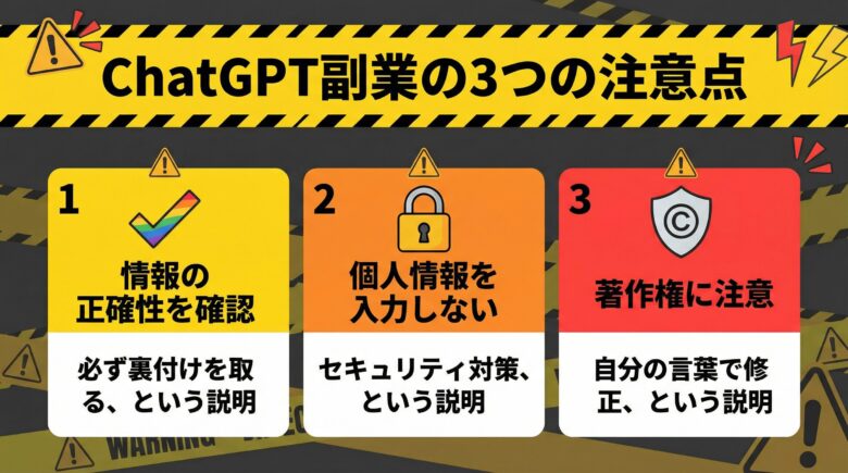 ChatGPT副業の３つの注意点を目立つ色で３つに分けて簡単に警告した画像