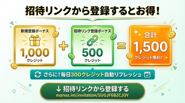 招待リンク特典（合計1,500クレジット無料！）