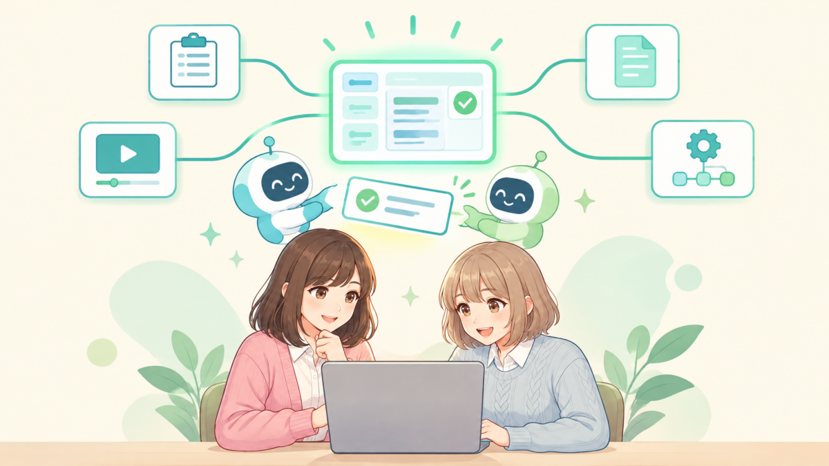 CascadeとCueの図解:複数の小さな作業が一本の流れにつながり、役割の違うAIが協力するイメージ