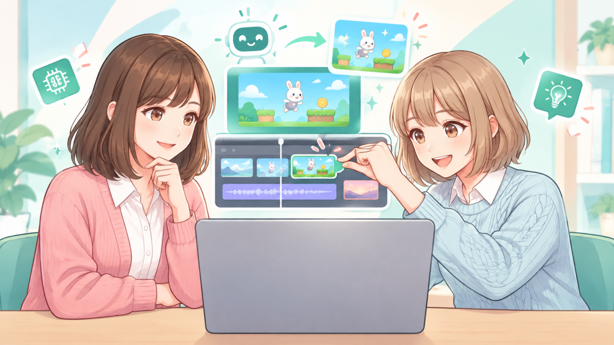 創作機能の図解:動画のタイムラインと、遊べる小さなゲーム画面を、二人が楽しそうに調整しているイメージ