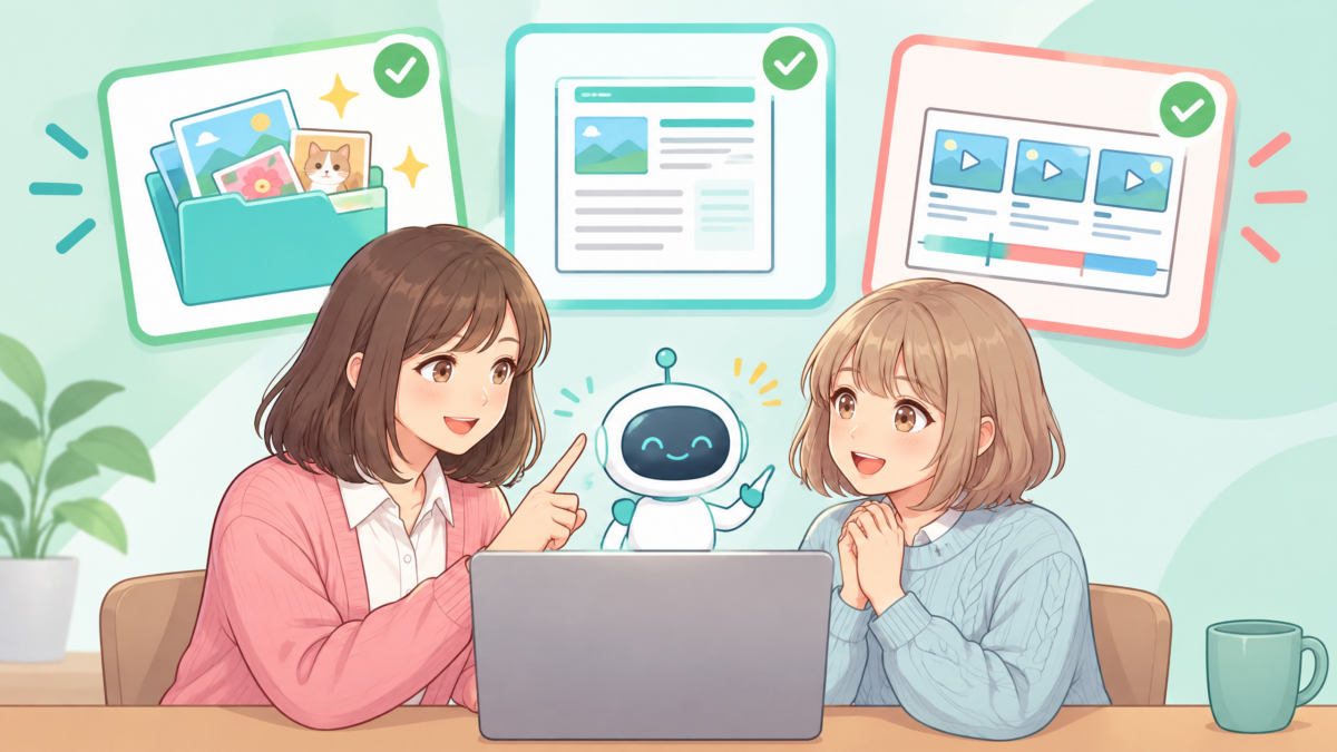 最初の一歩の図解:小さなフォルダ整理、週次ニュース要約、短い動画の下書きを、三つのカードとして表したイメージ