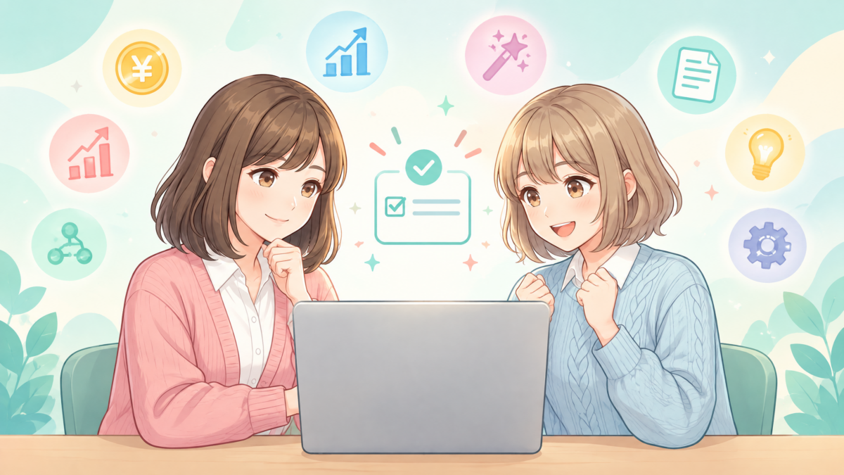 振り返り図解:8つの機能があるが、最初は一つの小さな作業から始めることを示す、穏やかで分かりやすいイメージ
