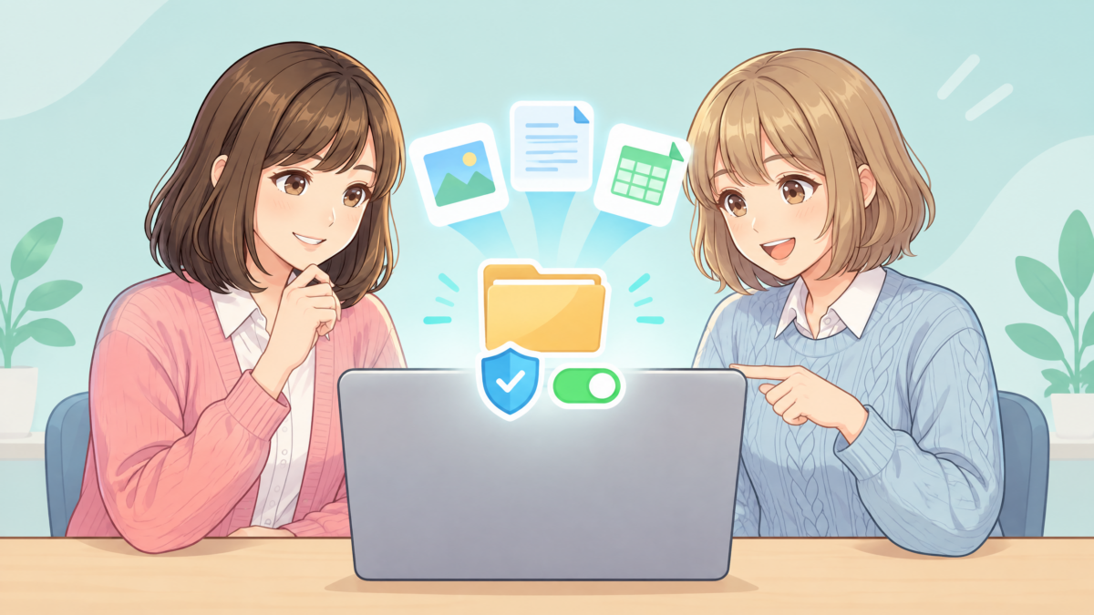 Manus Studioの図解:サトミとユイが、写真、メモ、動画、資料の入ったフォルダをパソコンで整理している