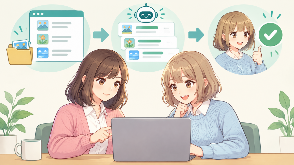 最初の依頼の図解：フォルダ内の写真を見ながら、一覧、整理案、確認という順番で進むイメージ