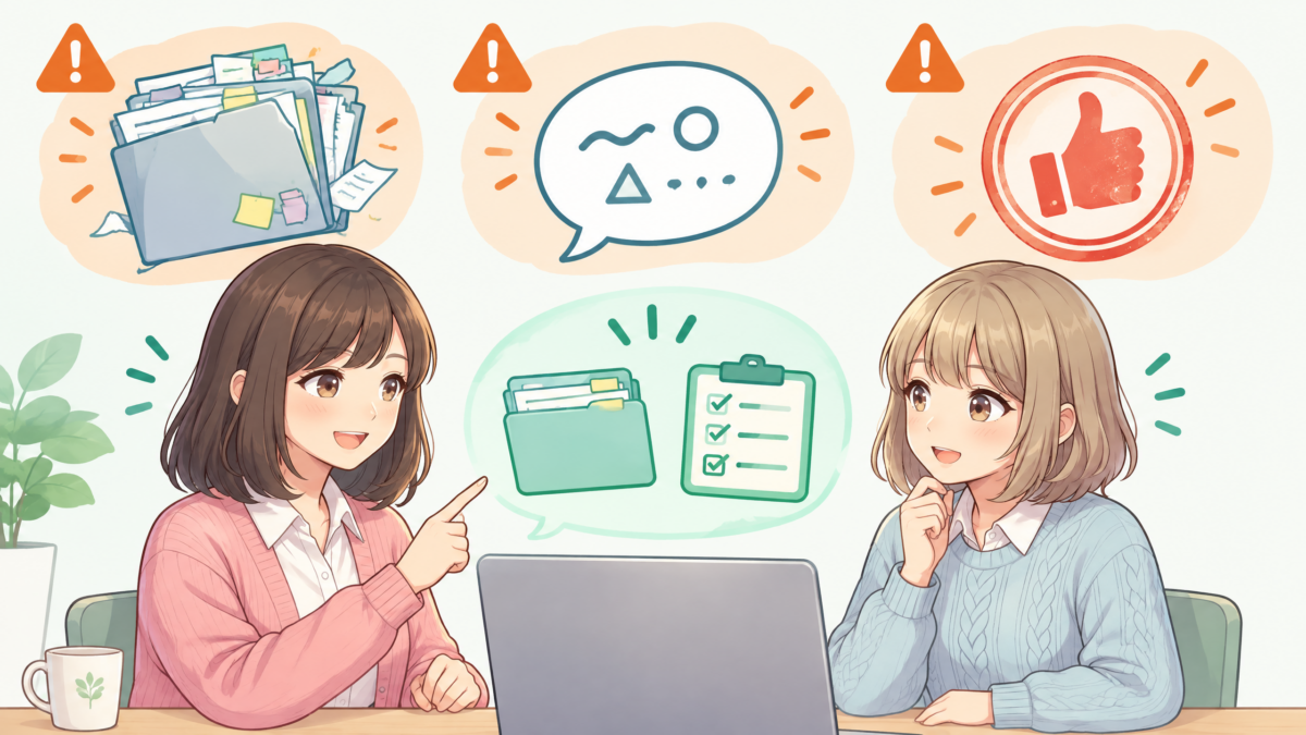 失敗を防ぐ図解：広すぎるフォルダ、あいまいな依頼、確認なしの許可に注意するイメージ