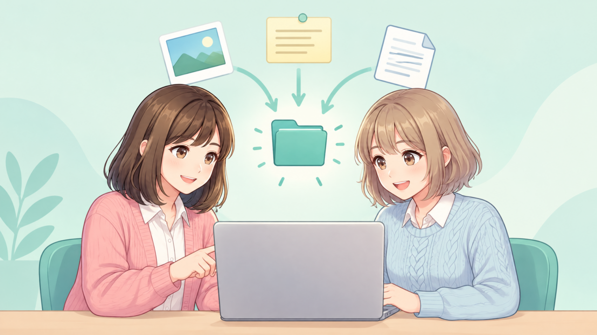 Manus Studioの図解：写真、メモ、資料が入った一つのフォルダを、サトミとユイがパソコンで確認している