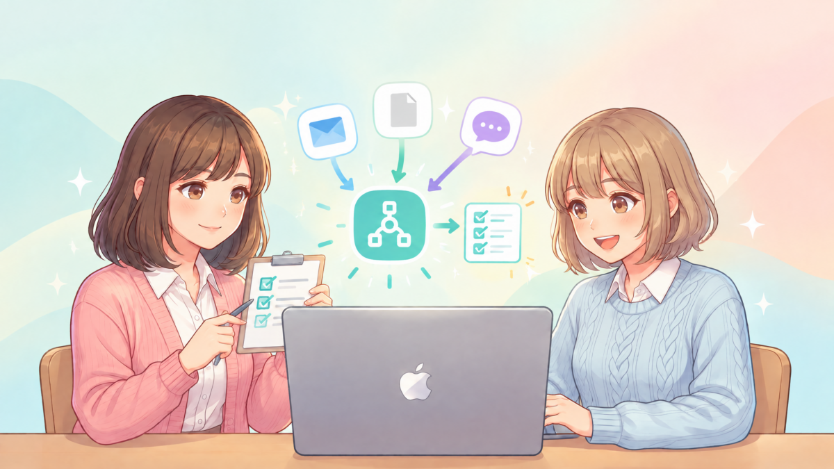 Manus Automationsで、サトミとユイがメールやNotionの新着をきっかけにAIが動く仕組みを確認している様子