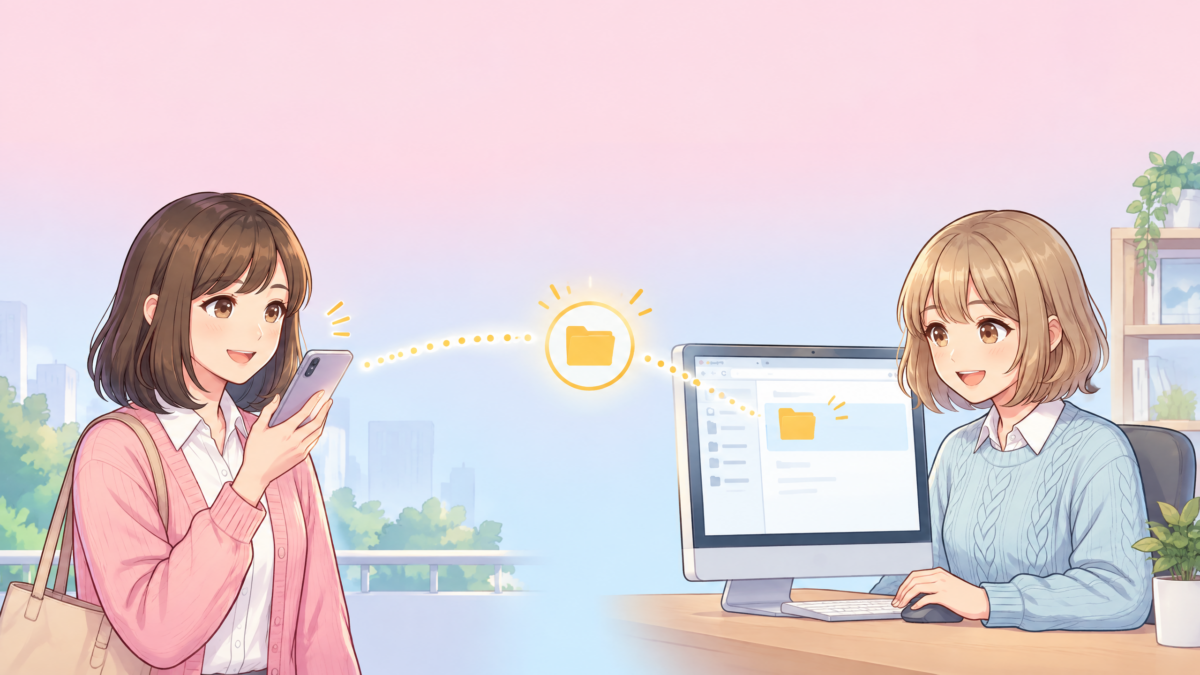 外出先のスマホから、サトミとユイが自宅PC上のManusに資料探しを頼む様子
