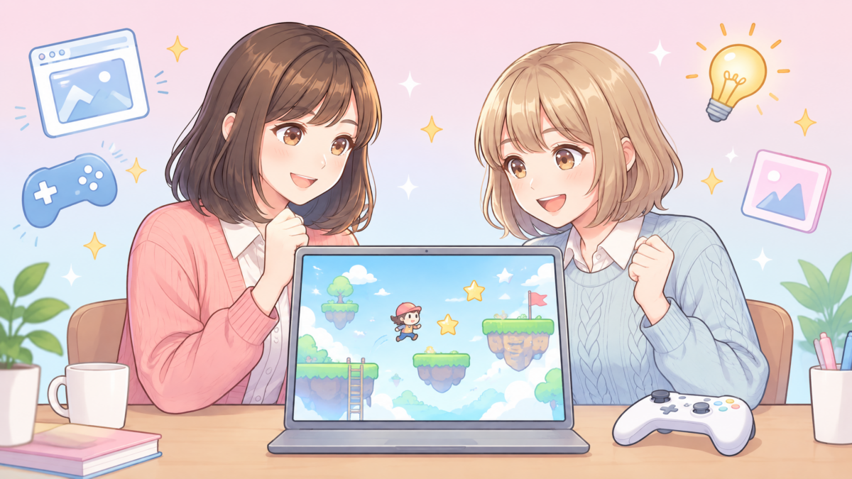 Manus Game Devで、サトミとユイがノートPCのブラウザゲームを作っているイメージ