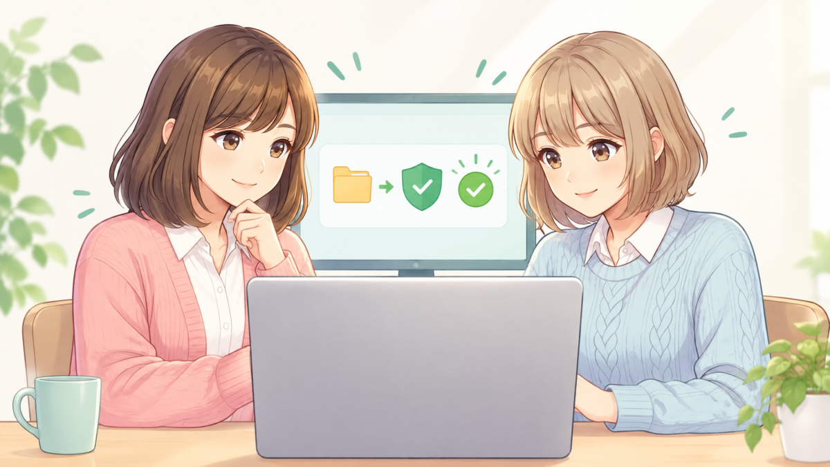 ManusのPC操作を安全に始めるため、サトミとユイがノートPCでフォルダ権限と承認を確認しているイメージ