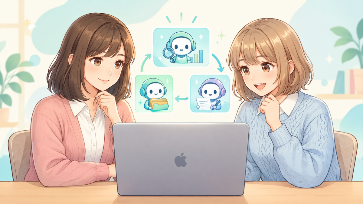 CueのAIチーム機能をイメージして、サトミとユイが複数のAgentの役割を確認している様子