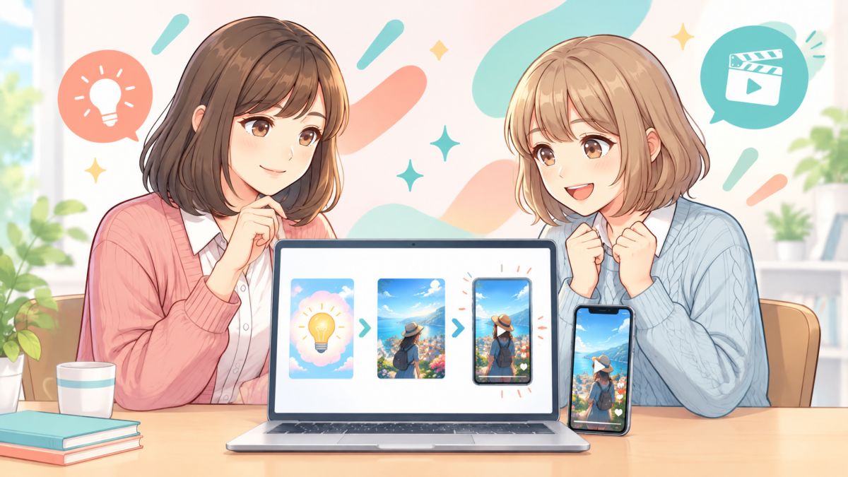 サトミとユイが、短い言葉からAI動画の場面が生まれる画面を見ているアイキャッチ