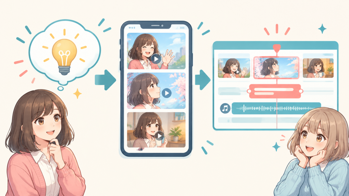要約図解：一文のアイデアが動画の初稿になり、必要なら仕上げへ進む流れ