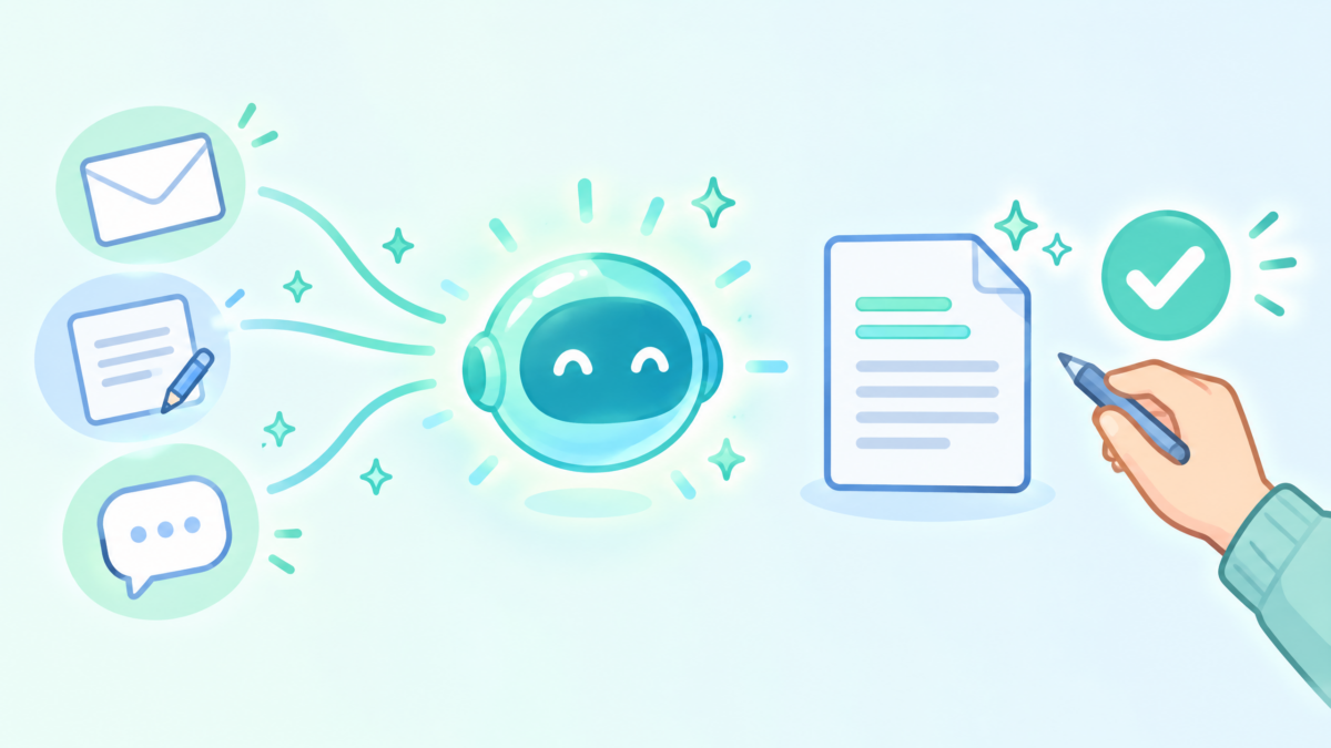 要約図解：メールやNotion、Slackで起きた出来事をきっかけにManusが下書きを用意し、人が最後に確認する流れ