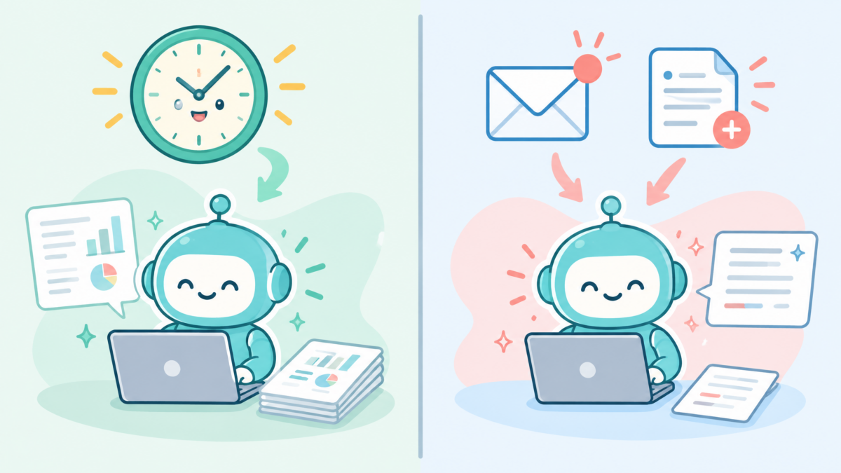 定期タスクは時計、Automationsは出来事の通知をきっかけに動く違いを表したイメージ