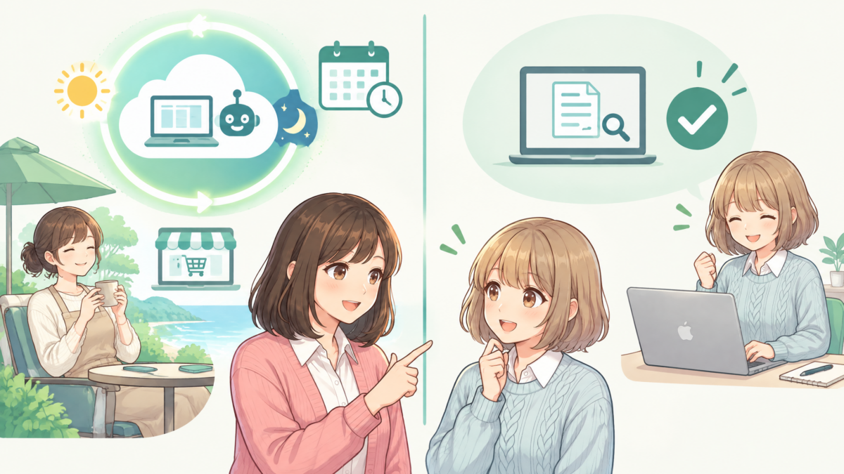 要約図解：PCを閉じても動き続ける仕事が必要な人と、単発作業だけなら通常のManusで十分な人の違い