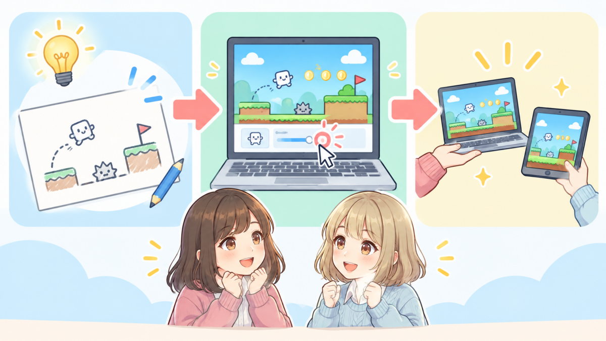 要約図解:アイデアから遊べるゲームを作り、直して共有する流れ