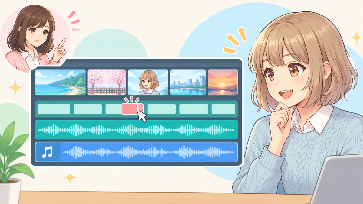 図解:映像、字幕、ナレーション、音楽が別々のレイヤーに残り、字幕だけを直して他をそのまま残すVideo Editorの仕組み
